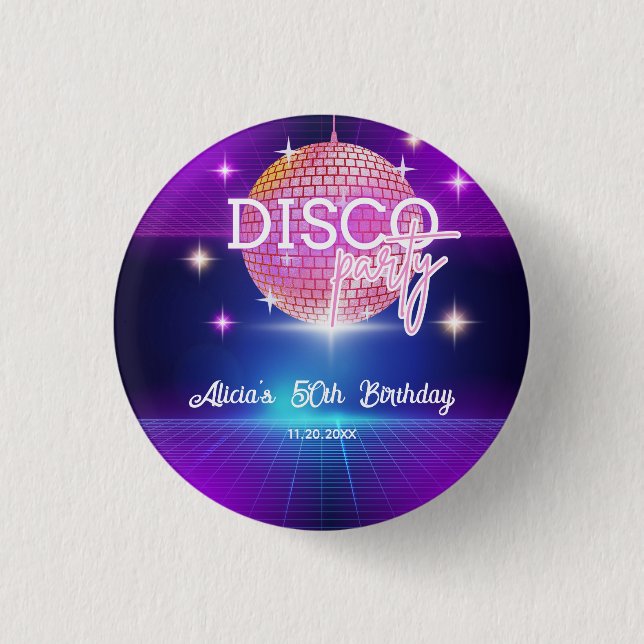 Retro Groovy 70s Disco Ball Birthday Party Button (Front)
