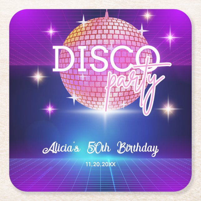 Retro Groovy 70s Disco Ball Birthday Party Square Paper Coaster (Front)