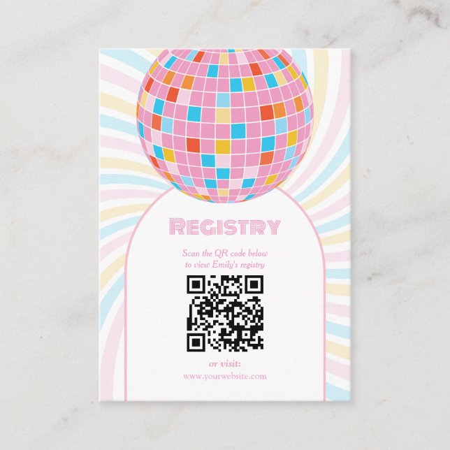 Retro Groovy 70s Disco Ball Bridal Shower Registry Enclosure Card (Front)