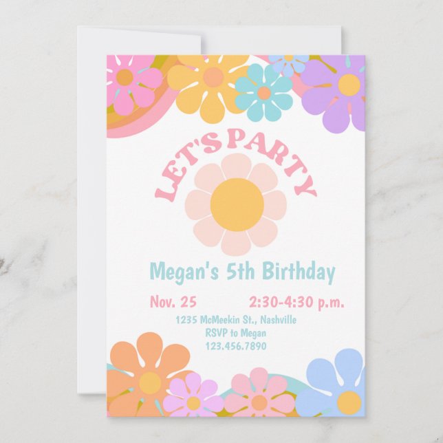 Retro Groovy 70s Girls Birthday Party Flower Party Invitation (Front)