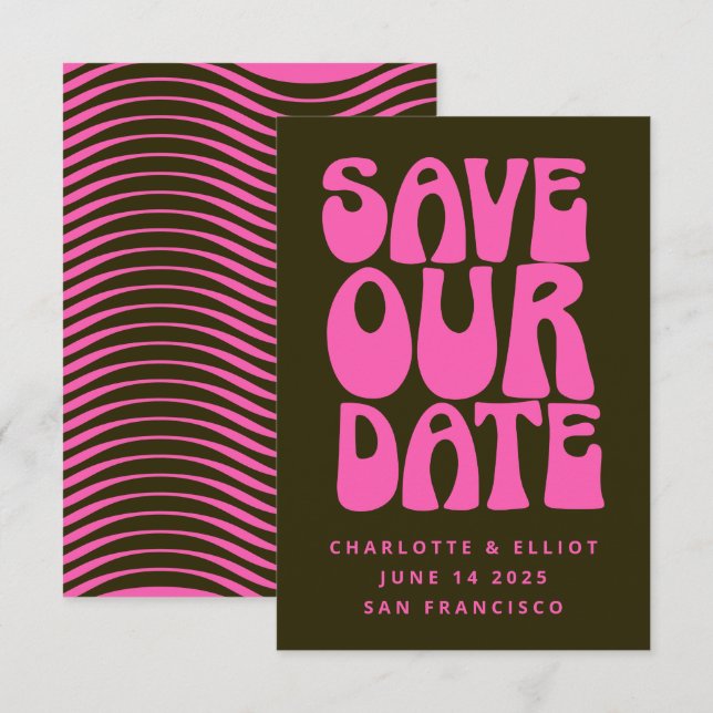 Retro Groovy 70s Hot Pink and Dark Green Save The  Save The Date (Front/Back)