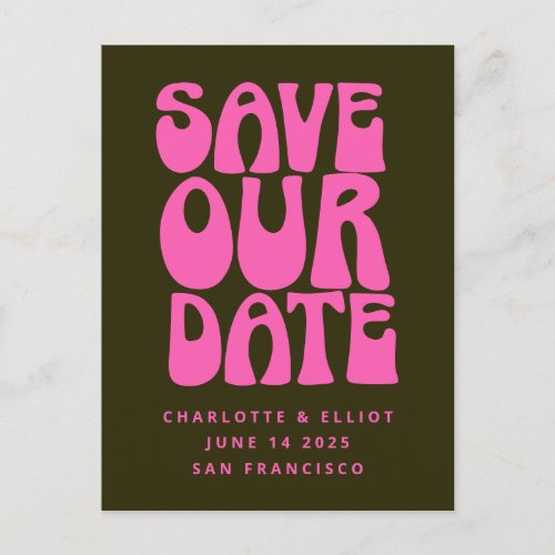 Retro Groovy 70s Hot Pink and Green Save The Date Postcard