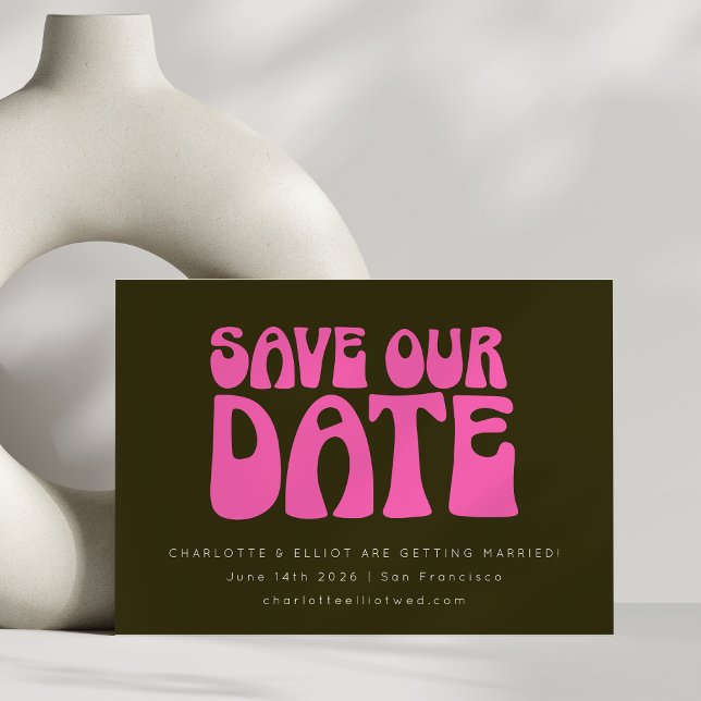 Retro Groovy 70s Hot Pink and Green Wedding Custom Save The Date (Creator Uploaded)