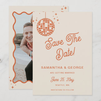 Retro Groovy 70s Ivory Orange Disco Photo Save The Date