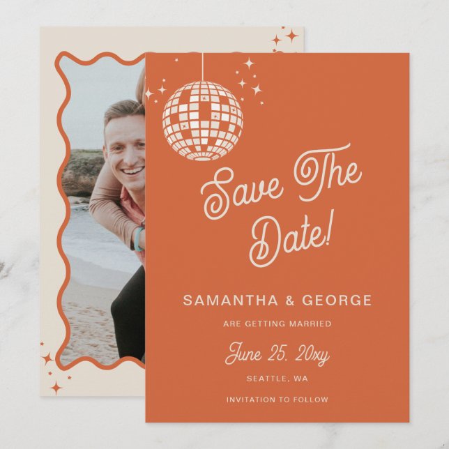 Retro Groovy 70s Ivory Orange Disco Photo Save The Date (Front/Back)
