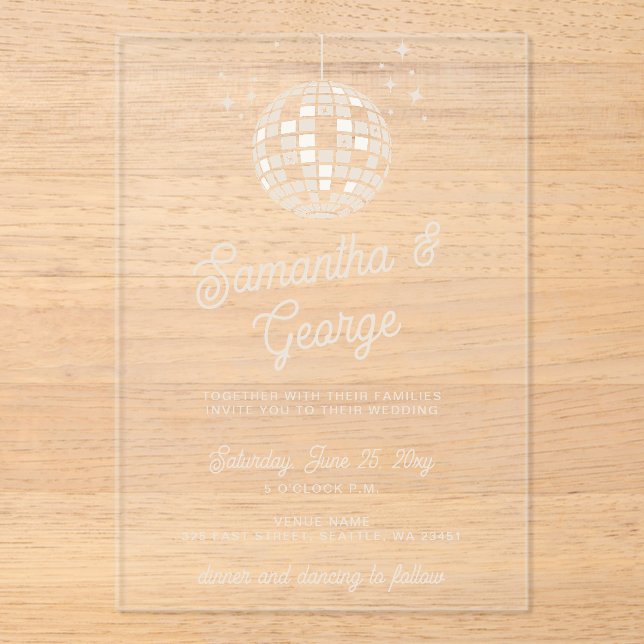 Retro Groovy 70s Ivory Orange Photo Disco Wedding Acrylic Invitations (Front)