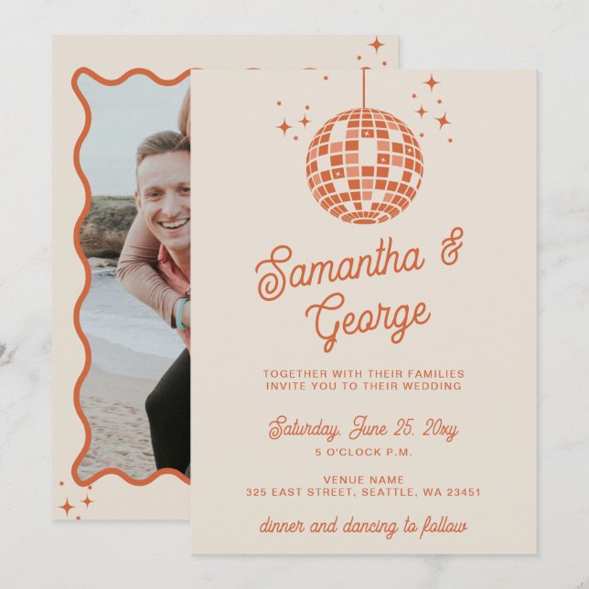 Retro Groovy 70s Ivory Orange Photo Disco Wedding Invitation (Front/Back)
