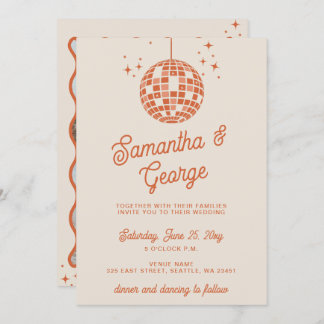 Retro Groovy 70s Ivory Orange Photo Disco Wedding Invitation