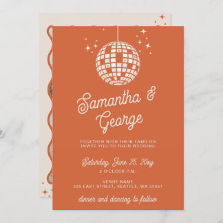 Retro Groovy 70s Ivory Orange Photo Disco Wedding Invitation