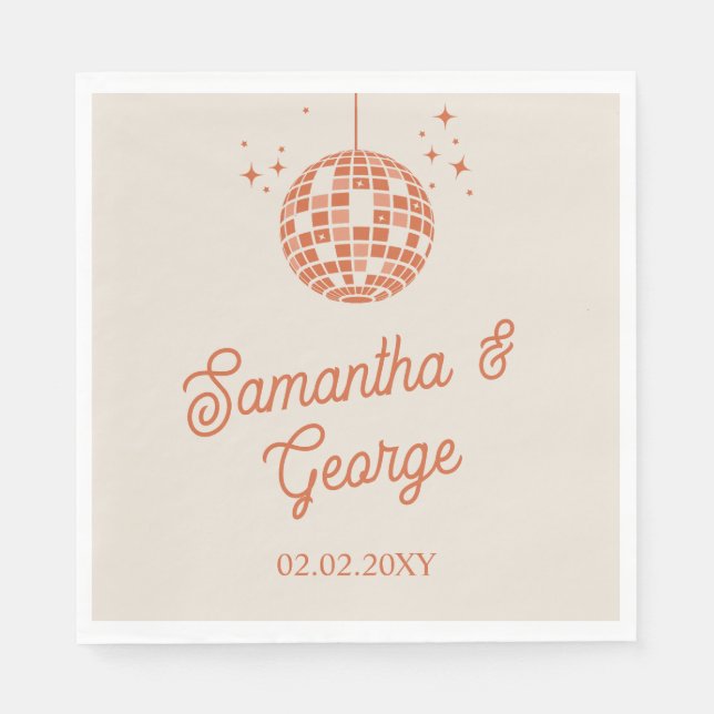 Retro Groovy 70s Ivory Orange Photo Disco Wedding Napkins (Front)