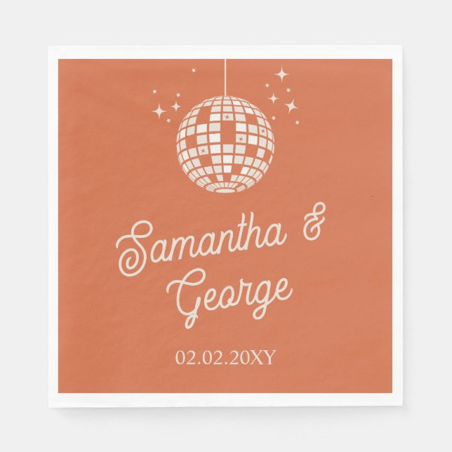 Retro Groovy 70s Ivory Orange Photo Disco Wedding Napkins (Front)