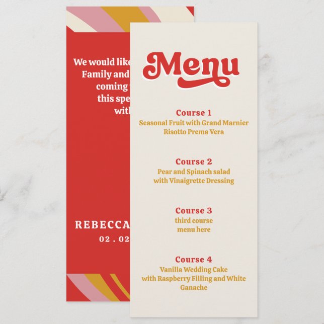 Retro Groovy 70s Ivory Red Wedding Menu (Front/Back)