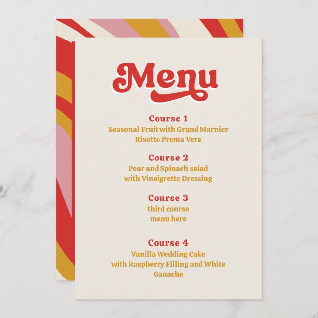 Retro Groovy 70s Ivory Red Wedding Menu (Front/Back)