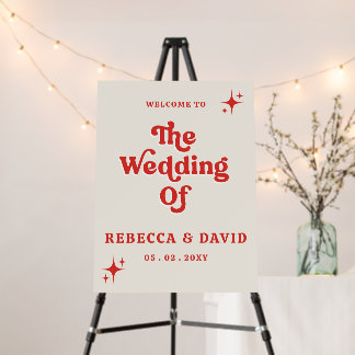 Retro Groovy 70s Ivory Red Wedding Welcome Sign