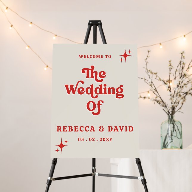 Retro Groovy 70s  Ivory Red Wedding Welcome Sign (In Situ (Stand))