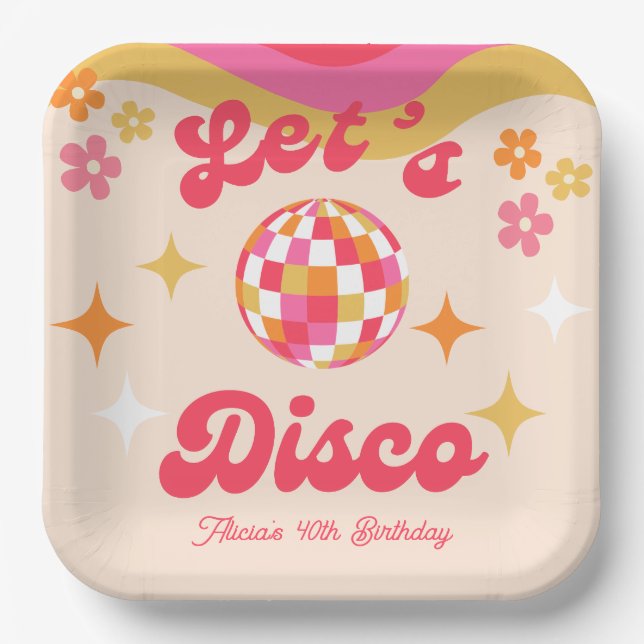 Retro Groovy 70s Let's Disco Any Age Birthday Paper Plates (Front)