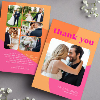 Retro groovy 70's pink orange multi photo wedding thank you card