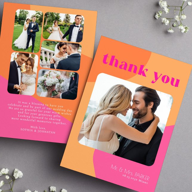 Retro groovy 70's pink orange multi photo wedding thank you card (Creator Uploaded)