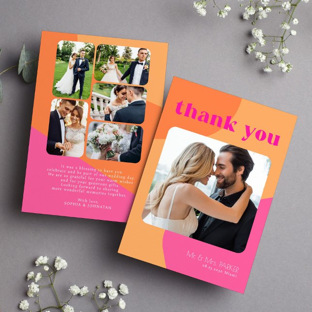 Retro groovy 70's pink orange multi photo wedding thank you card (Creator Uploaded)