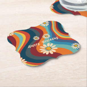 Retro Groovy 70's Rainbow Daisy Birthday Paper Coaster