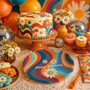 Retro Groovy 70's Rainbow Daisy Birthday Paper Plates