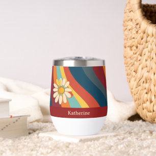 Retro Groovy 70's Rainbow Daisy Custom Name Thermal Wine Tumbler