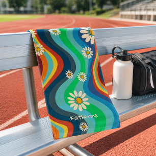 Retro Groovy 70's Rainbow Daisy Name Sports Hand Towel