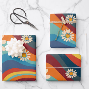 Retro Groovy 70's Rainbow Daisy Wrapping Paper Sheets
