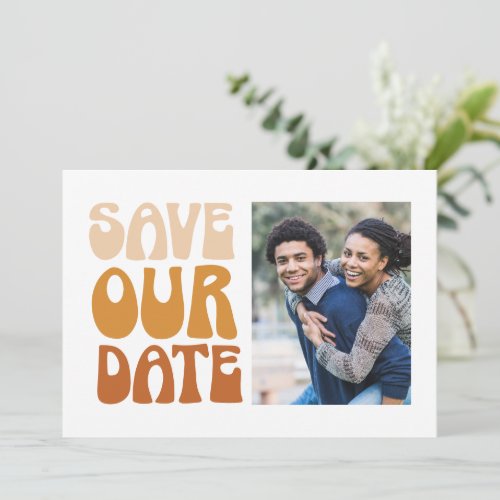 Retro Groovy 70s Terracotta Brown Photo Wedding Save The Date