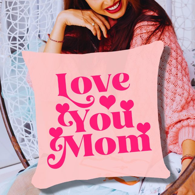 Retro Groovy 70's Themed Love You Mom Pink Throw Pillow (Creator Uploaded)