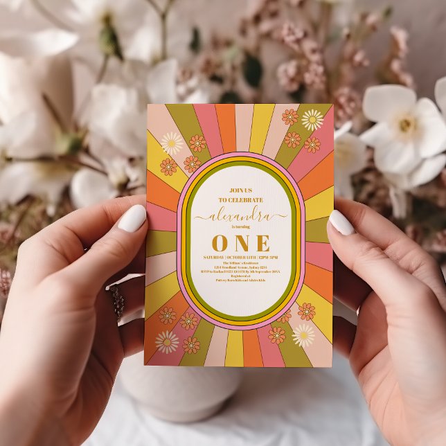 Retro Groovy 70's Themed Muted Tones  1st Birthday Invitation (Creator Uploaded)