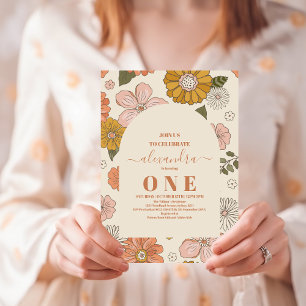 Retro Groovy 70's Themed Muted Tones 1st Birthday Invitation