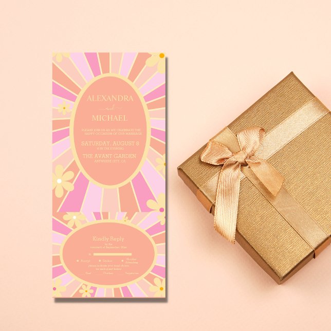 Retro Groovy 70's Themed Muted Tones Wedding All In One Invitation (Creator Uploaded)