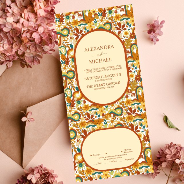 Retro Groovy 70's Themed Muted Tones Wedding  All In One Invitation (Creator Uploaded)