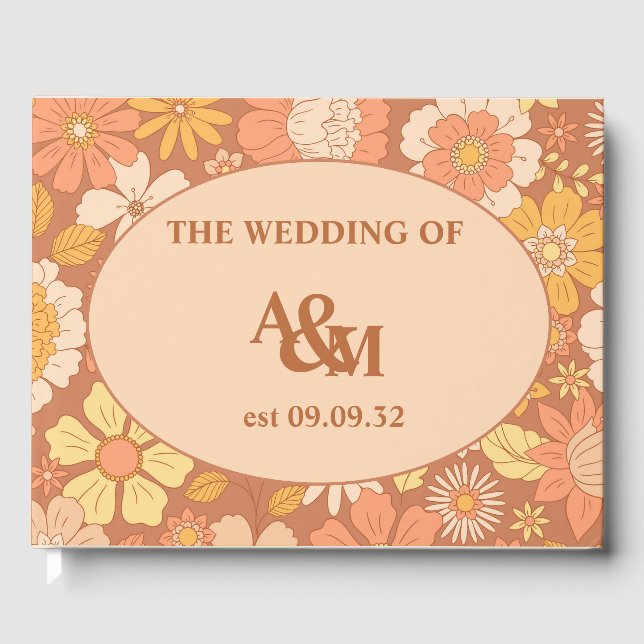 Retro Groovy 70's Themed Muted Tones Wedding Guest Book (Front)