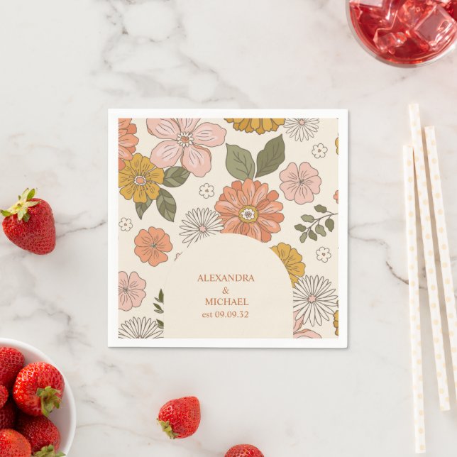 Retro Groovy 70's Themed Muted Tones Wedding  Napkins (Insitu)