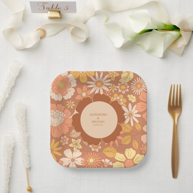 Retro Groovy 70's Themed Muted Tones Wedding Paper Plates (Wedding)