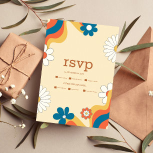 Retro Groovy 70's Themed Muted Tones Wedding RSVP  Card