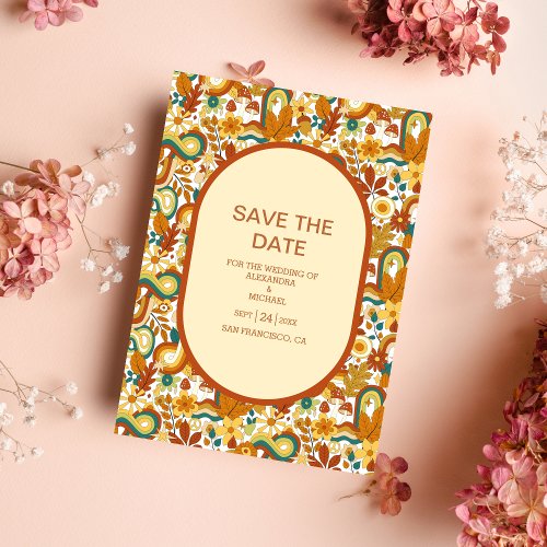 Retro Groovy 70s Themed Muted Tones Wedding Save  Save The Date