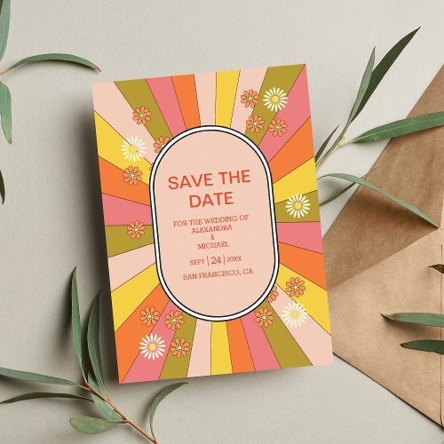 Retro Groovy 70s Themed Muted Tones Wedding  Save The Date