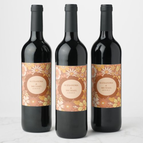 Retro Groovy 70s Themed Muted Tones Wedding Wine Label