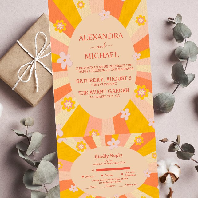 Retro Groovy 70's Themed orange yellow Wedding All In One Invitation (Creator Uploaded)