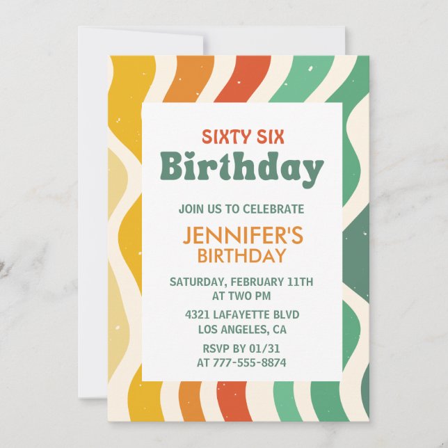 Retro Groovy 70s Wavy 66th birthday Invitation (Front)