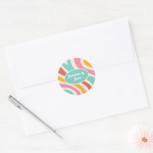 Retro Groovy 70s Wavy Colorful Wedding Classic Round Sticker