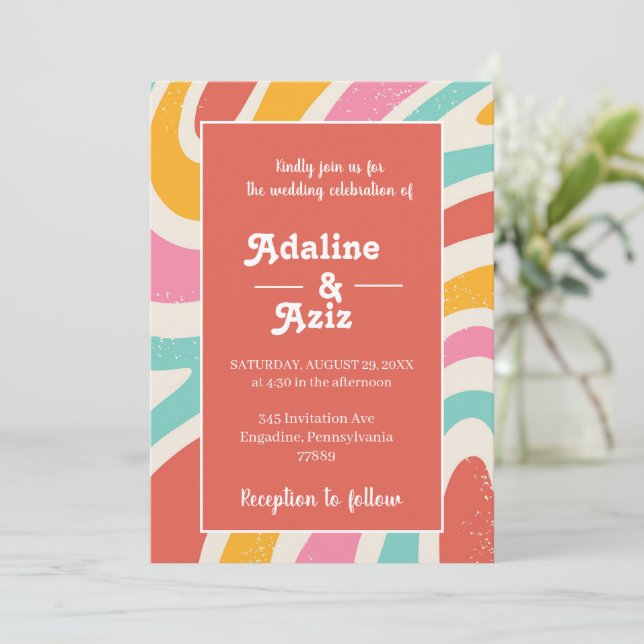 Retro Groovy 70s Wavy Colorful Wedding  Invitation (Standing Front)