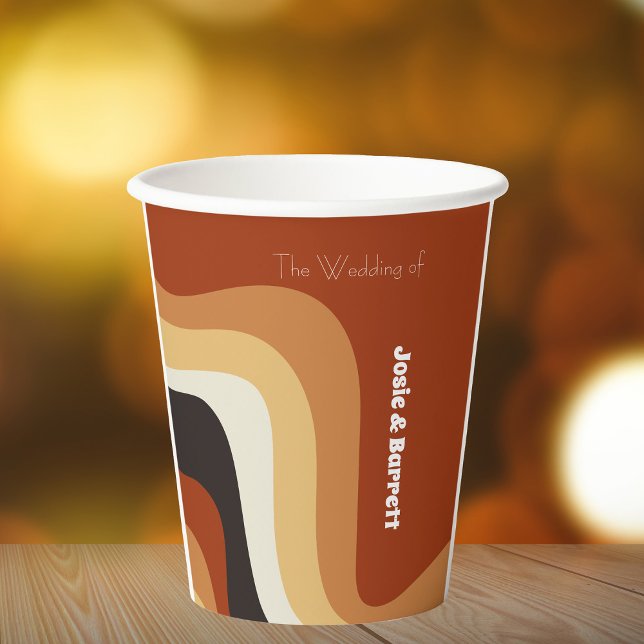 Retro Groovy 70s Wavy Orange Brown Funky Wedding Paper Cups (Creator Uploaded)