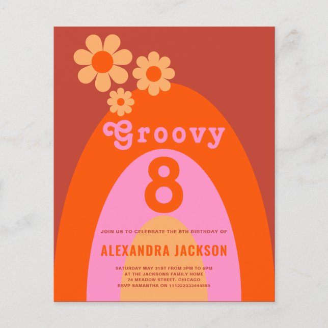 Retro Groovy 8th Birthday Party budget Flyer (Front)