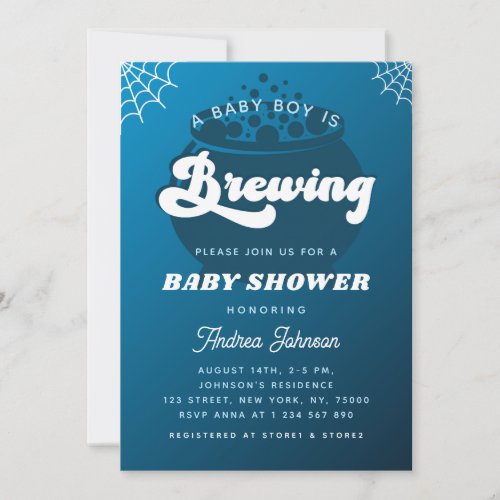 Retro Groovy a Baby Boy is Brewing Blue Halloween Invitation