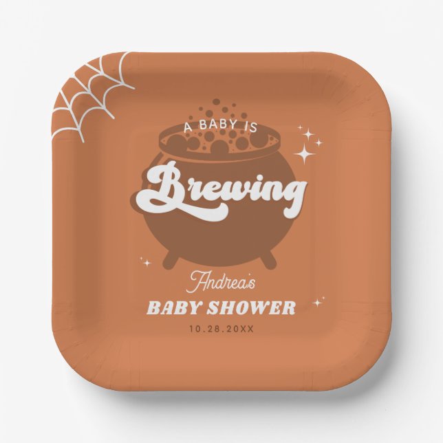 Retro Groovy A Baby Is Brewing Fall Baby Shower  Paper Plates (Front)