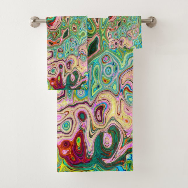 Retro Groovy Abstract Colorful Rainbow Swirl Bath Towel Set (Insitu)